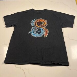 Vintage Y2K Fire and Ice Twin Dragon Graphic Tee Black Short Sleeve Shirt XL